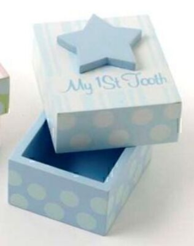 My first tooth box for boys by Heaven Sends. Blue wooden box with star on top. Size 8x7x7cm